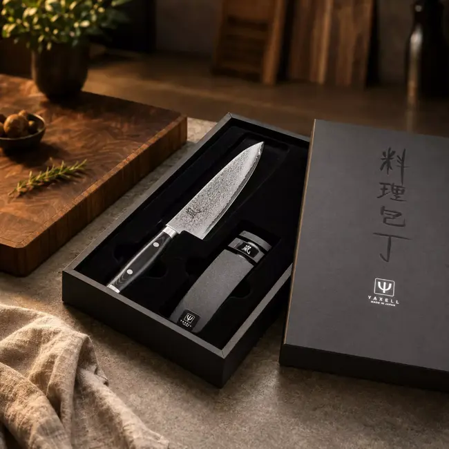Yaxell Ran Messenset – Giftset – 2-delig – Messenslijper met Koksmes 20 cm – 69 Lagen Damaststaal – VG10 Staal – 61 HRC – Canvas-Micarta Heft