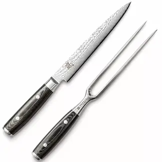 Yaxell Ran Messenset – Giftset – 2-delig – Vleesmes van 18 cm en een Vleesvork van 16 cm – 69 Lagen Damaststaal – VG10 Staal – 61 HRC – Canvas-Micarta Heft