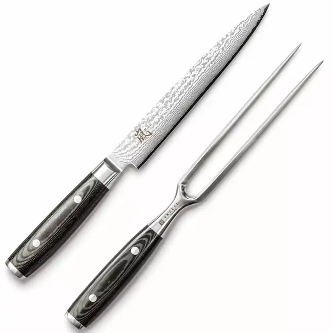 Yaxell Ran Messenset – Giftset – 2-delig – Vleesmes van 18 cm en een Vleesvork van 16 cm – 69 Lagen Damaststaal – VG10 Staal – 61 HRC – Canvas-Micarta Heft