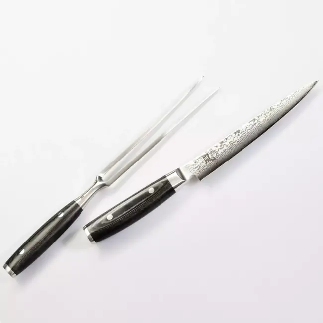 Yaxell Ran Messenset – Giftset – 2-delig – Vleesmes van 18 cm en een Vleesvork van 16 cm – 69 Lagen Damaststaal – VG10 Staal – 61 HRC – Canvas-Micarta Heft