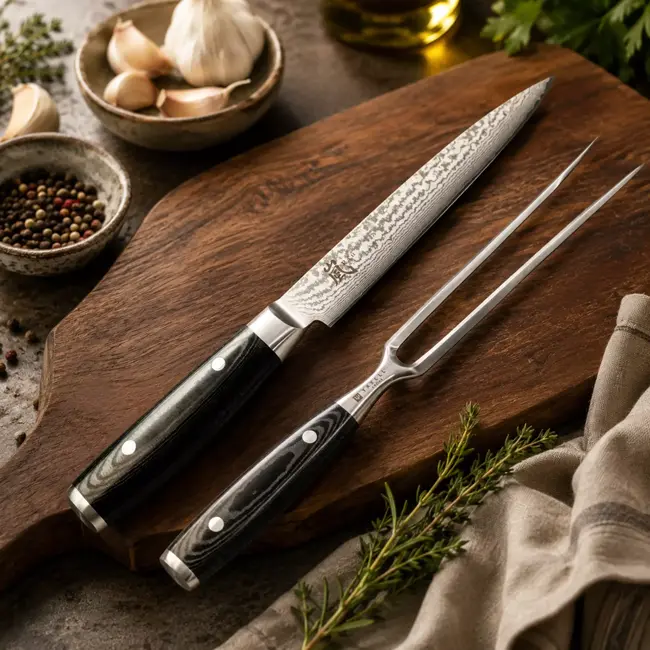 Yaxell Ran Messenset – Giftset – 2-delig – Vleesmes van 18 cm en een Vleesvork van 16 cm – 69 Lagen Damaststaal – VG10 Staal – 61 HRC – Canvas-Micarta Heft
