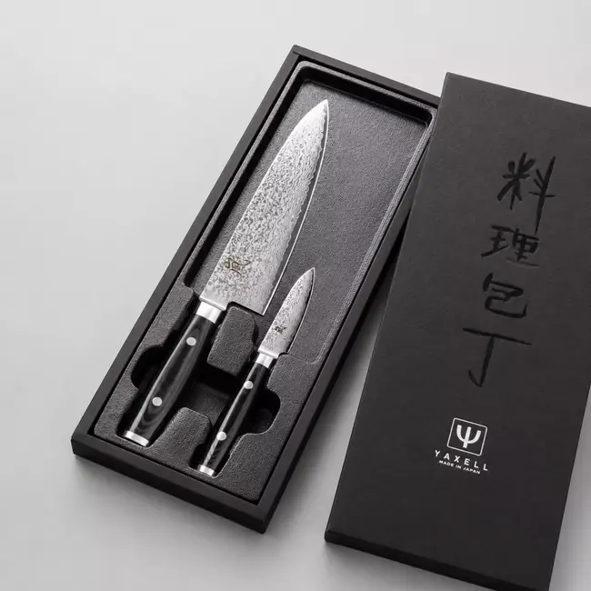 Yaxell Ran Messenset – Giftset – 2-delig – Koksmes 20 cm & Schilmes 8 cm – 69 Lagen Damaststaal – VG10 Staal – 61 HRC – Canvas-Micarta Heft