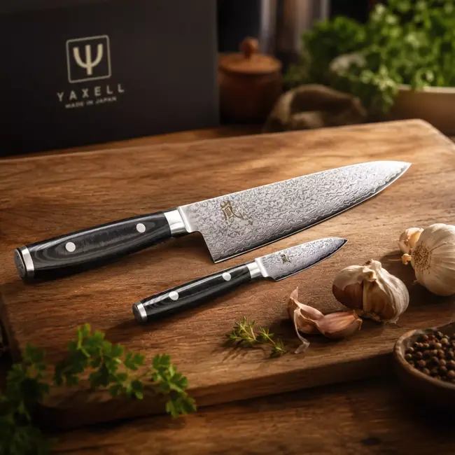 Yaxell Ran Messenset – Giftset – 2-delig – Koksmes 20 cm & Schilmes 8 cm – 69 Lagen Damaststaal – VG10 Staal – 61 HRC – Canvas-Micarta Heft