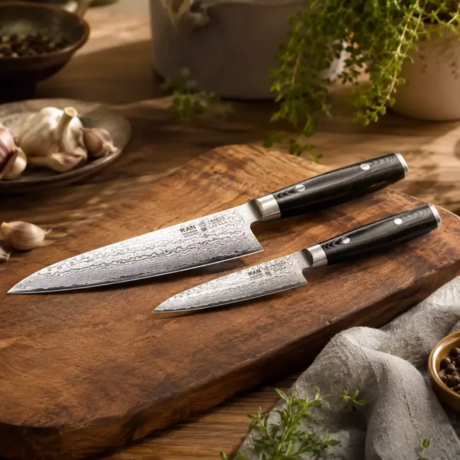 Yaxell Ran – 2-delige Messenset – Koksmes 15,5 cm & Schilmes 10 cm – 69 Lagen Damaststaal – VG10 – Micarta Heft