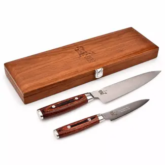 Yaxell Ran Messenset – Giftset – 2-delig – Koksmes 20 cm & Universeelmes 12 cm – 69 Lagen Damaststaal – VG10 Staal – 61 HRC – Mahonie Heft - Limited Edition