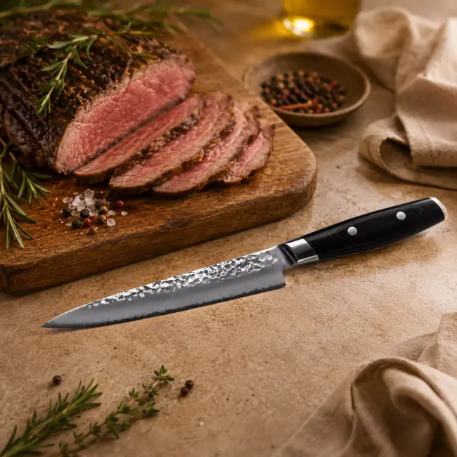 Yaxell Tsuchimon Vleesmes 18 cm – VG10 Staal – Gehamerd Lemmet – Micarta Heft