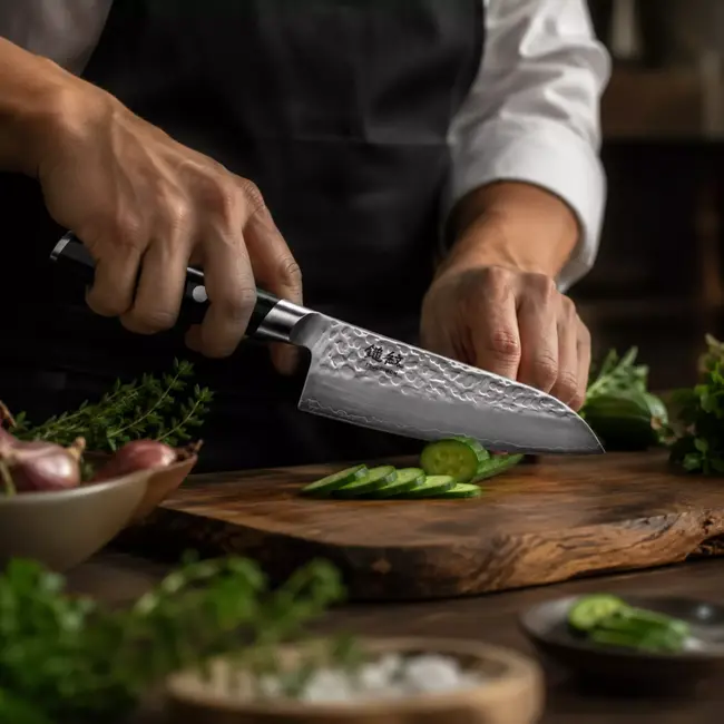 Yaxell Tsuchimon Santoku Koksmes 12,5 cm – VG10 Staal – Gehamerd Lemmet – Micarta Heft