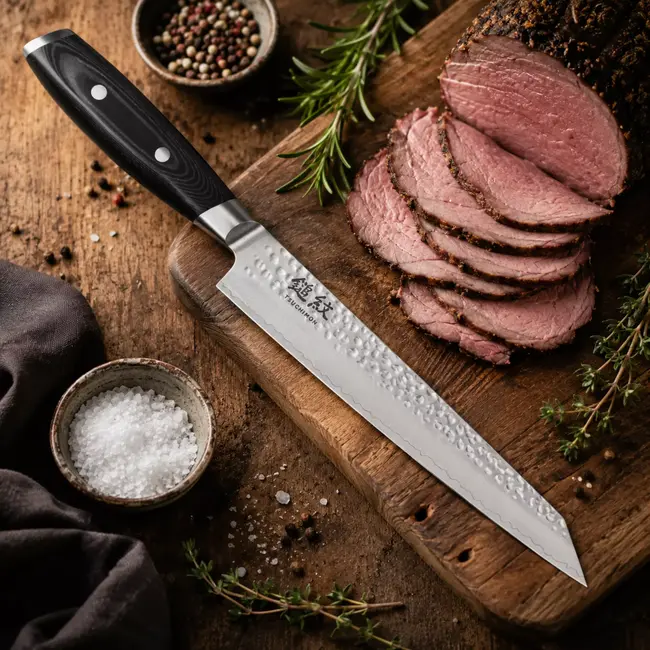 Yaxell Tsuchimon Sujihiki 23 cm – VG10 Staal – Gehamerd Lemmet – Micarta Heft