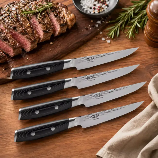 Yaxell Tsuchimon Steakmessenset – 4-delig – 3 Lagen Damaststaal – VG10 Staal – Canvas-Micarta Heft