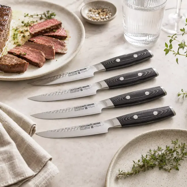 Yaxell Tsuchimon Steakmessenset – 4-delig – 3 Lagen Damaststaal – VG10 Staal – Canvas-Micarta Heft