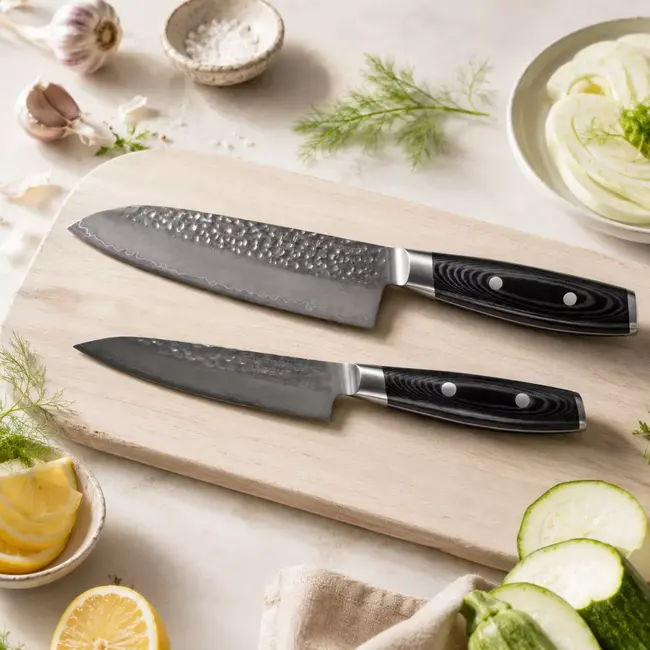 Yaxell Tsuchimon Messenset – 2-delig – Santokumes 16,5 cm en Universeelmes 12 cm – 3 Lagen Damaststaal – VG10 Staal – Canvas-Micarta Heft