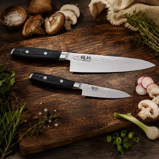 Yaxell Tsuchimon Messenset – 2-delig – Koksmes 20 cm en Universeelmes 12 cm – 3 Lagen Damaststaal – VG10 Staal – Canvas-Micarta Heft