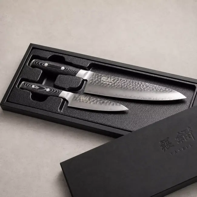 Yaxell Tsuchimon Messenset – 2-delig – Koksmes 20 cm en Universeelmes 12 cm – 3 Lagen Damaststaal – VG10 Staal – Canvas-Micarta Heft