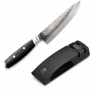 Yaxell Tsuchimon Geschenkset – 2-delig – Messenslijper en Koksmes 20 cm – 3 Lagen Damaststaal – Canvas-Micarta Heft