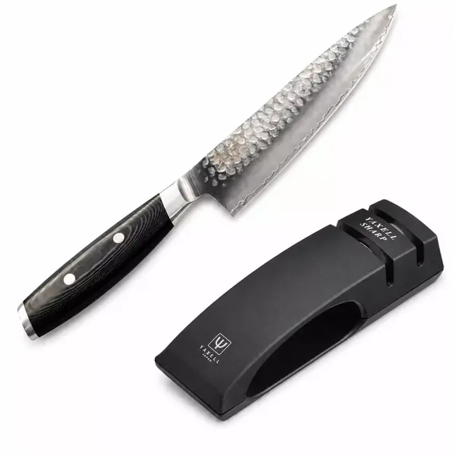 Yaxell Tsuchimon Geschenkset – 2-delig – Messenslijper en Koksmes 20 cm – 3 Lagen Damaststaal – Canvas-Micarta Heft