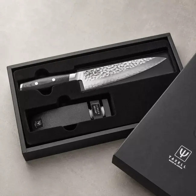 Yaxell Tsuchimon Geschenkset – 2-delig – Messenslijper en Koksmes 20 cm – 3 Lagen Damaststaal – Canvas-Micarta Heft