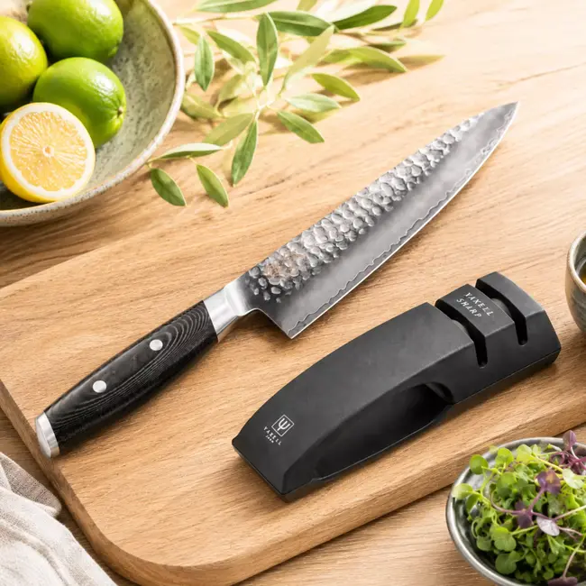 Yaxell Tsuchimon Geschenkset – 2-delig – Messenslijper en Koksmes 20 cm – 3 Lagen Damaststaal – Canvas-Micarta Heft
