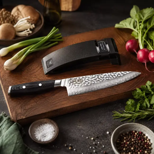 Yaxell Tsuchimon Geschenkset – 2-delig – Messenslijper en Koksmes 20 cm – 3 Lagen Damaststaal – Canvas-Micarta Heft