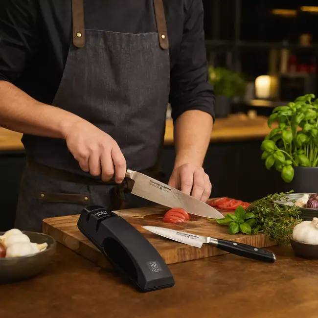 Yaxell Tsuchimon Geschenkset – 3-delig – Messenslijper met Koksmes 20 cm en Universeelmes 12 cm – 3 Lagen Damaststaal – VG10 Staal – Canvas-Micarta Heft