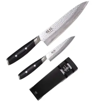 Yaxell Tsuchimon Geschenkset – 3-delig – Messenslijper met Koksmes 20 cm en Universeelmes 12 cm – 3 Lagen Damaststaal – VG10 Staal – Canvas-Micarta Heft