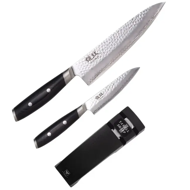 Yaxell Tsuchimon Geschenkset – 3-delig – Messenslijper met Koksmes 20 cm en Universeelmes 12 cm – 3 Lagen Damaststaal – VG10 Staal – Canvas-Micarta Heft