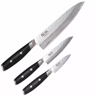 Yaxell Tsuchimon Messenset – 3-delig – Koksmes 20 cm, Universeelmes 12 cm en Schilmes 8 cm – 3 Lagen Damaststaal – VG10 Staal – Canvas-Micarta Heft