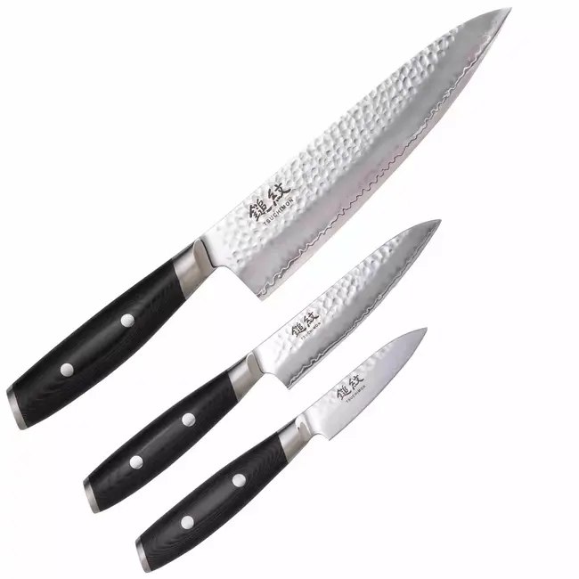 Yaxell Tsuchimon Messenset – 3-delig – Koksmes 20 cm, Universeelmes 12 cm en Schilmes 8 cm – 3 Lagen Damaststaal – VG10 Staal – Canvas-Micarta Heft