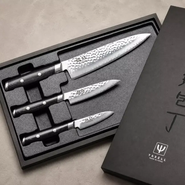 Yaxell Tsuchimon Messenset – 3-delig – Koksmes 20 cm, Universeelmes 12 cm en Schilmes 8 cm – 3 Lagen Damaststaal – VG10 Staal – Canvas-Micarta Heft