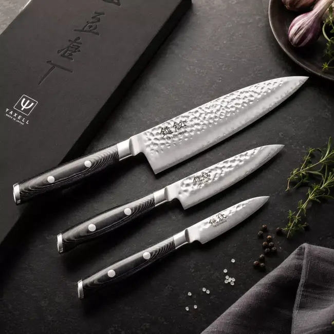Yaxell Tsuchimon Messenset – 3-delig – Koksmes 20 cm, Universeelmes 12 cm en Schilmes 8 cm – 3 Lagen Damaststaal – VG10 Staal – Canvas-Micarta Heft