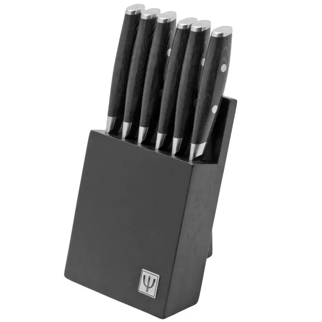 Yaxell Tsuchimon Messenset – 7-delig – Beukenhouten Messenblok met 6 Steakmessen – 3 Lagen Damaststaal – VG10 Staal – Canvas-Micarta Heft