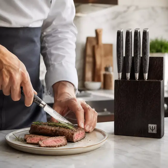 Yaxell Tsuchimon Messenset – 7-delig – Beukenhouten Messenblok met 6 Steakmessen – 3 Lagen Damaststaal – VG10 Staal – Canvas-Micarta Heft
