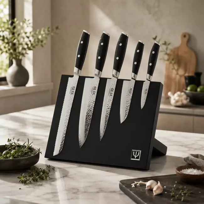 Yaxell Tsuchimon Messenset – 6-delig – Beukenhouten Magnetische Messenhouder met 5 Messen – 3 Lagen Damaststaal – VG10 Staal – Canvas-Micarta Heft