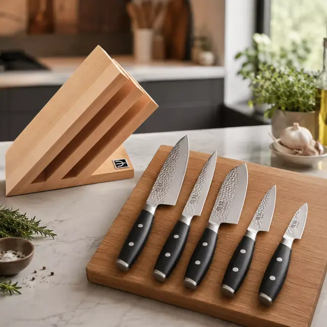 Yaxell Tsuchimon Messenset – 6-delig – Messenblok met 5 Messen – 3 Lagen Damaststaal – VG10 Staal – Canvas-Micarta Heft