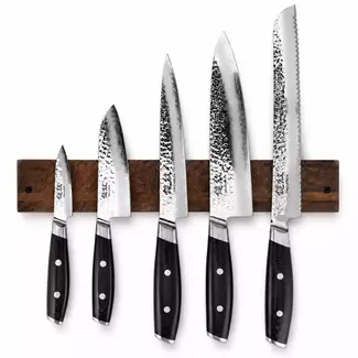 Yaxell Tsuchimon Messenset – 6-delig – Magnetische Walnoothouten Messenstrip met 5 Messen – 3 Lagen Damaststaal – VG-10 Staal – Canvas-Micarta Heft