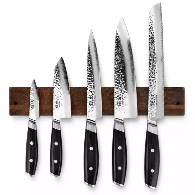 Yaxell Tsuchimon Messenset – 6-delig – Magnetische Walnoothouten Messenstrip met 5 Messen – 3 Lagen Damaststaal – VG-10 Staal – Canvas-Micarta Heft