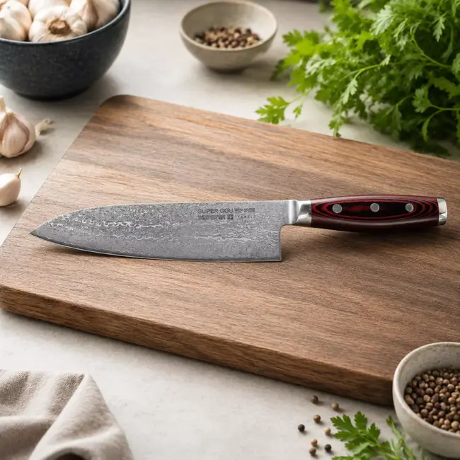 Yaxell Super Gou Santoku Koksmes 16,5 cm – 161 Lagen Damaststaal – SG2 Staal – 63 HRC – Canvas-Micarta Heft