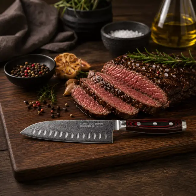 Yaxell Super Gou Santoku Mes met Kuiltjes 16,5 cm – 161 Lagen Damaststaal – SG2 Staal – 63 HRC – Canvas-Micarta Heft