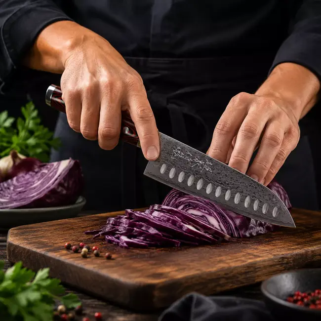 Yaxell Super Gou Santoku Mes met Kuiltjes 16,5 cm – 161 Lagen Damaststaal – SG2 Staal – 63 HRC – Canvas-Micarta Heft