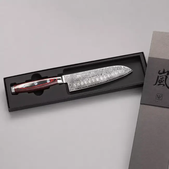 Yaxell Super Gou Santoku Mes met Kuiltjes 16,5 cm – 161 Lagen Damaststaal – SG2 Staal – 63 HRC – Canvas-Micarta Heft