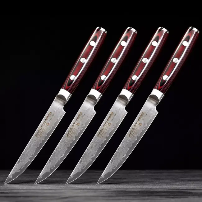 Yaxell Super Gou Steakmessenset 12 cm – 4-delig – 161 Lagen Damaststaal – SG2 Staal – 63 HRC – Canvas-Micarta Heft