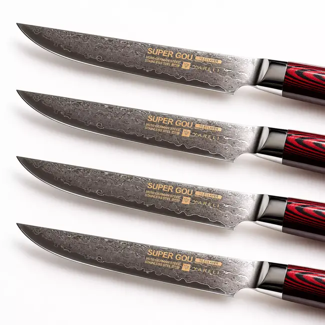 Yaxell Super Gou Steakmessenset 12 cm – 4-delig – 161 Lagen Damaststaal – SG2 Staal – 63 HRC – Canvas-Micarta Heft