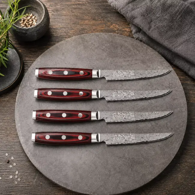 Yaxell Super Gou Steakmessenset 12 cm – 4-delig – 161 Lagen Damaststaal – SG2 Staal – 63 HRC – Canvas-Micarta Heft