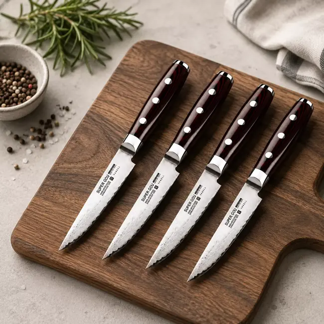 Yaxell Super Gou Steakmessenset 12 cm – 4-delig – 161 Lagen Damaststaal – SG2 Staal – 63 HRC – Canvas-Micarta Heft