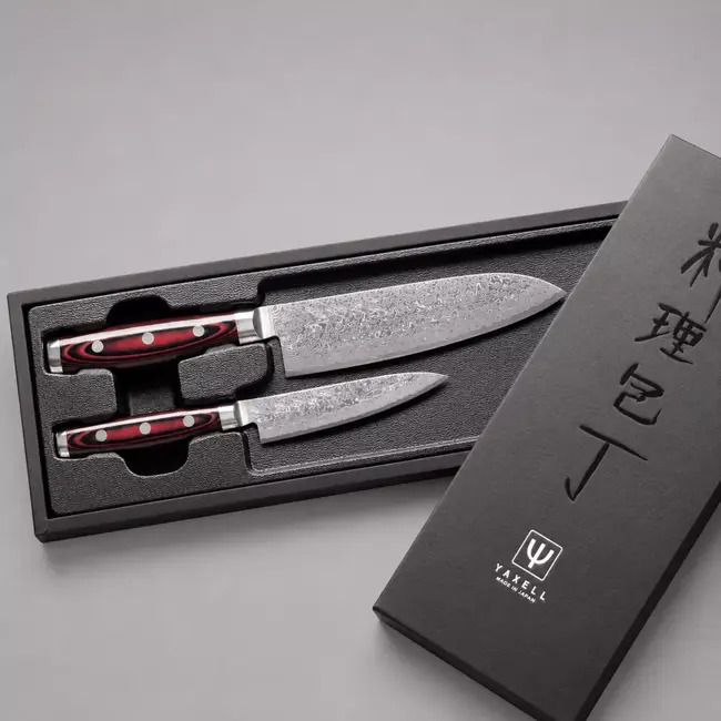 Yaxell Super Gou Messenset – Giftset – 2-delig – Universeelmes 12 cm & Santoku mes 16,5 cm – 161 Lagen Damaststaal – SG2 Staal – 63 HRC – Canvas-Micarta Heft