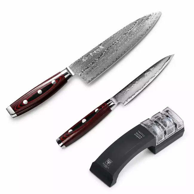Yaxell Super Gou Messenset – Giftset – 3-delig – Messenslijper, Koksmes 20 cm & Universeelmes 12 cm – 161 Lagen Damaststaal – SG2 Staal – 63 HRC – Canvas-Micarta Heft