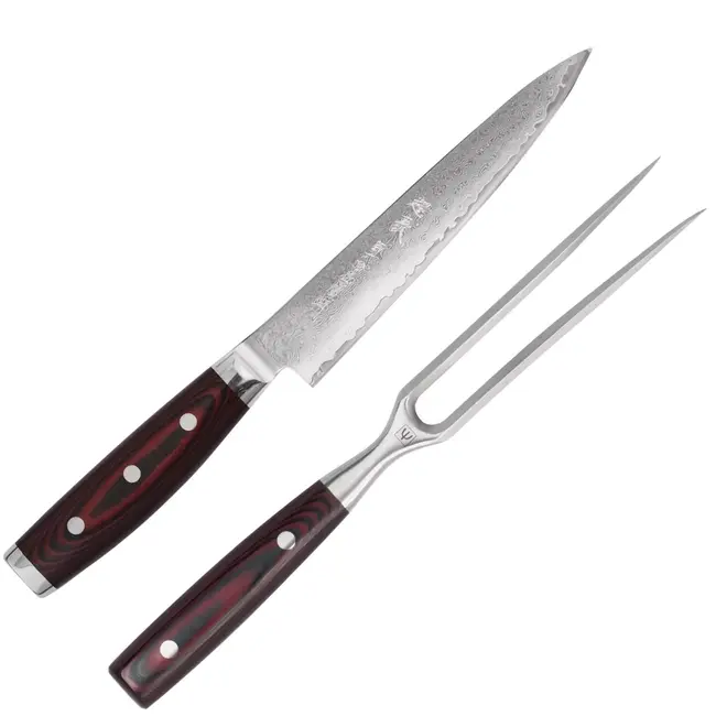 Yaxell Super Gou Trancheerset – Giftset – 2-delig – Vleesvork 13,5 cm & Vleesmes 18 cm – 161 Lagen Damaststaal – SG2 Staal – 63 HRC – Canvas-Micarta Heft