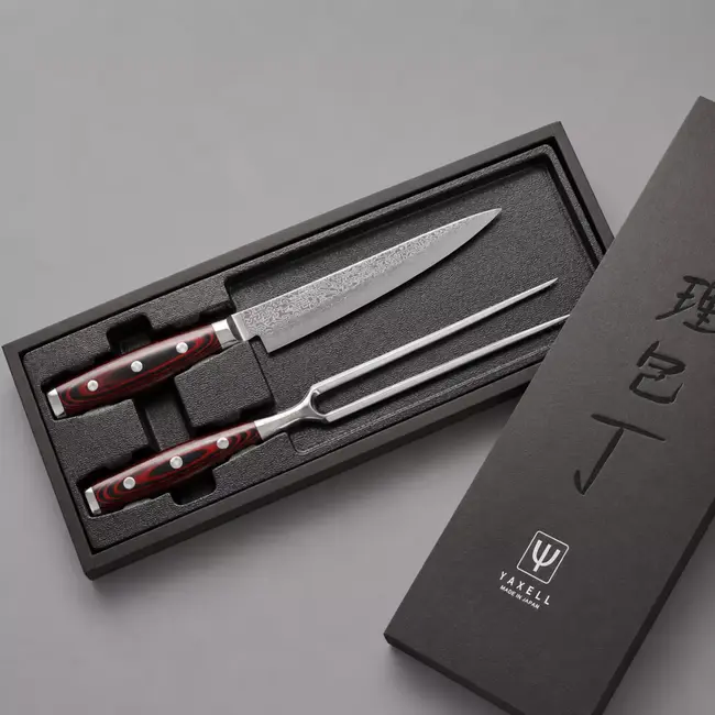 Yaxell Super Gou Trancheerset – Giftset – 2-delig – Vleesvork 13,5 cm & Vleesmes 18 cm – 161 Lagen Damaststaal – SG2 Staal – 63 HRC – Canvas-Micarta Heft