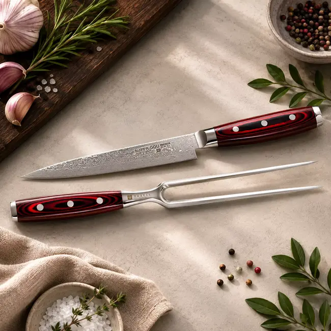 Yaxell Super Gou Trancheerset – Giftset – 2-delig – Vleesvork 13,5 cm & Vleesmes 18 cm – 161 Lagen Damaststaal – SG2 Staal – 63 HRC – Canvas-Micarta Heft