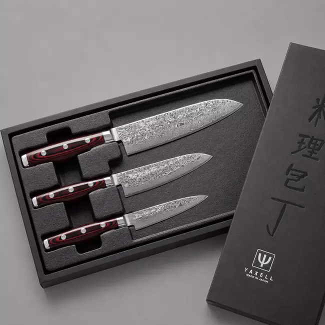 Yaxell Super Gou Messenset – Giftset – 3-delig – Santoku 16,5 cm, Klein Santoku 12,5 cm & Schilmes 8 cm – 161 Lagen Damaststaal – SG2 Staal – 63 HRC – Canvas-Micarta Heft