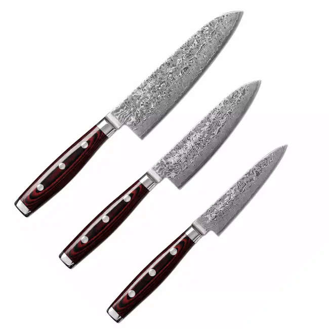 Yaxell Super Gou Messenset – Giftset – 3-delig – Santoku 16,5 cm, Klein Santoku 12,5 cm & Schilmes 8 cm – 161 Lagen Damaststaal – SG2 Staal – 63 HRC – Canvas-Micarta Heft